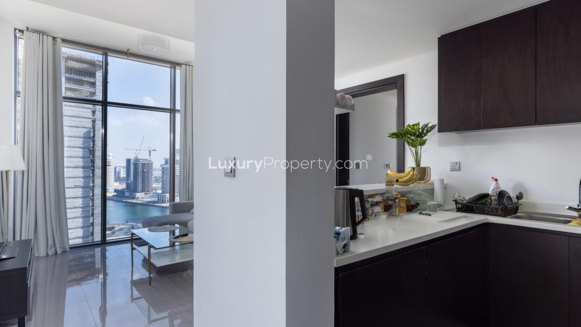 Furnished apartment living room with city view in Merano Tower, Business Bay