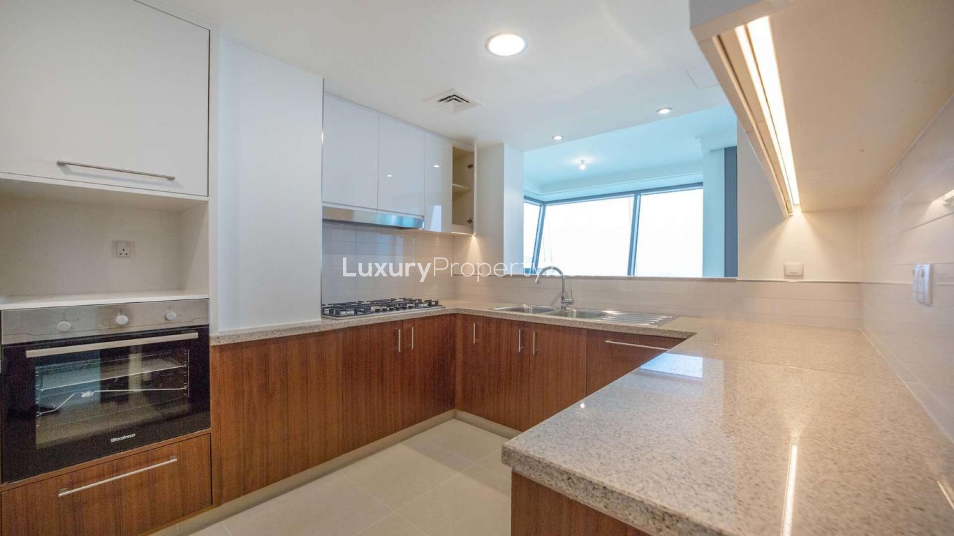 Empty living room with large windows, Burj Khalifa view, Burj Vista apartment, Downtown Dubai