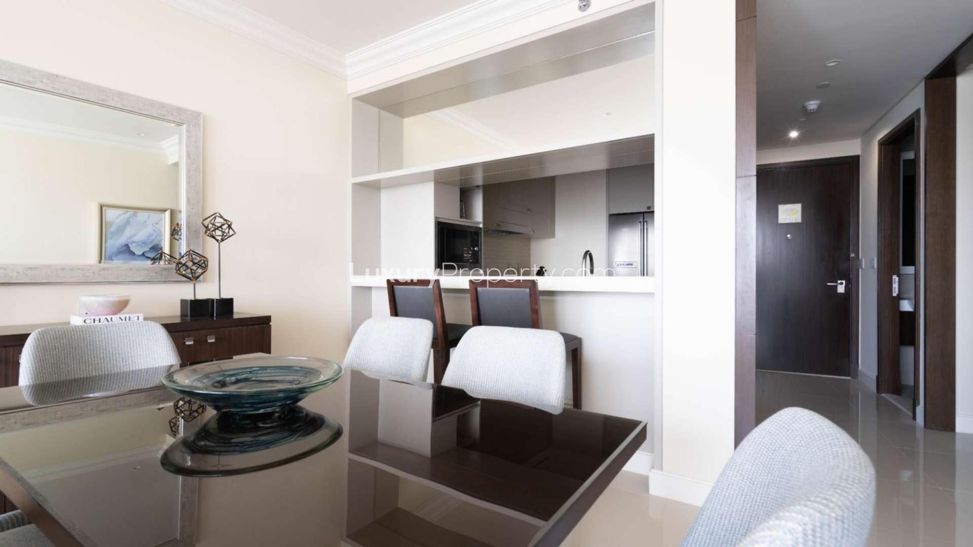 Two-bedroom furnished apartment living room with Burj Khalifa views in Downtown Dubai