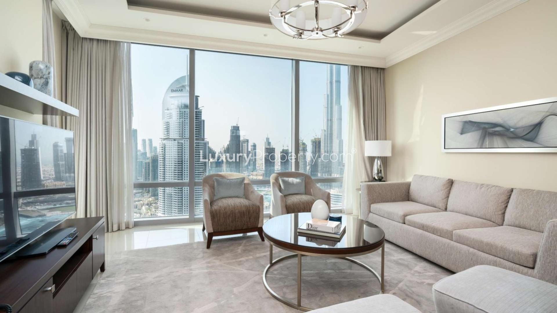 Furnished living and dining area in two-bedroom apartment, The Address Residence Fountain Views, Dubai