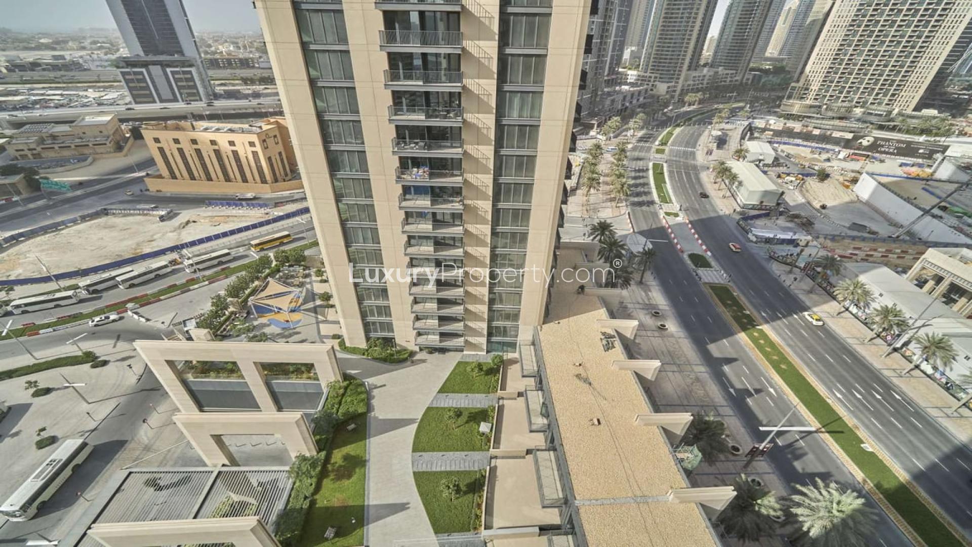 Aerial view of BLVD Heights apartment building in Downtown Dubai, showcasing urban landscape