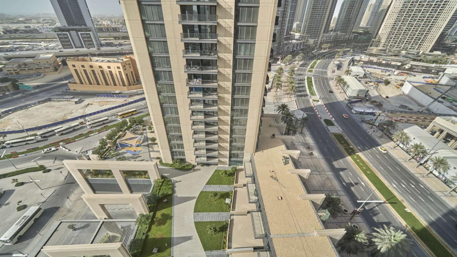 Aerial view of BLVD Heights apartment building in Downtown Dubai, showcasing urban landscape