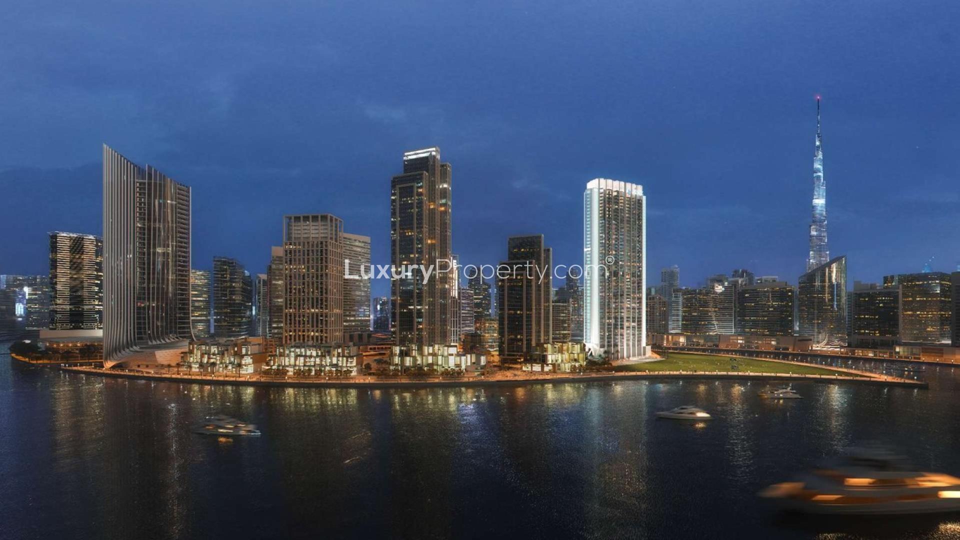 Hallway view of high-end studio apartments in Peninsula Three, Business Bay, for sale