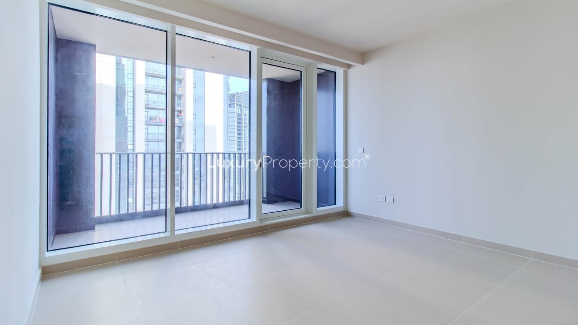 Dubai Creek Harbour apartment view with skyscrapers and waterfront, Harbour Gate community