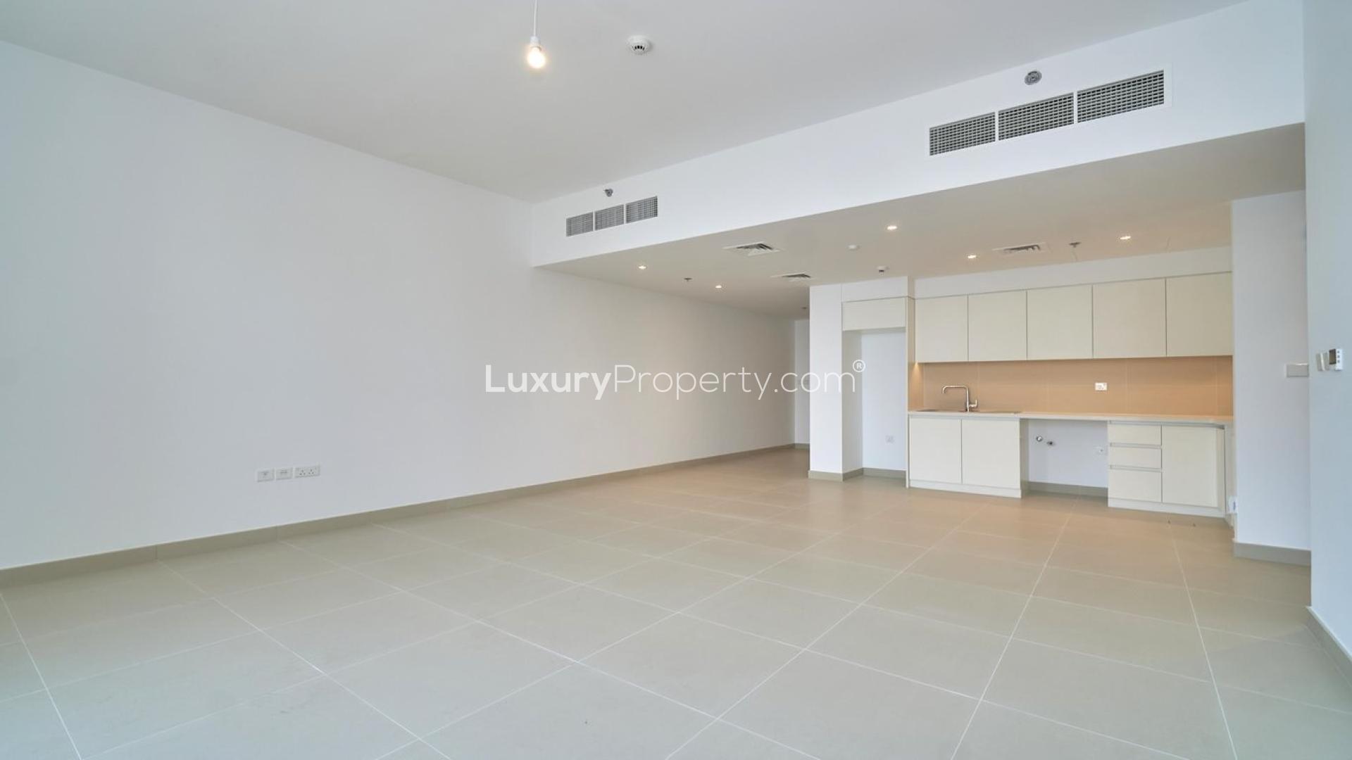 Spacious living area in 2-bedroom apartment with creek views, Dubai Creek Harbour