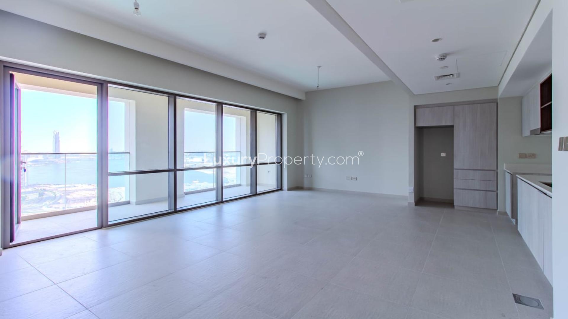 Dubai Creek Harbour apartment view, canal, skyline, modern buildings, Creek Beach community