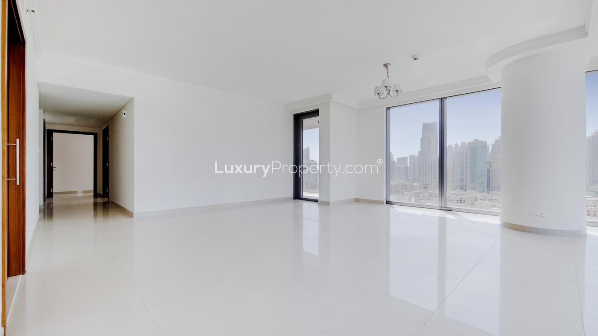 Spacious living room with floor-to-ceiling windows in Boulevard Point, Downtown Dubai apartment