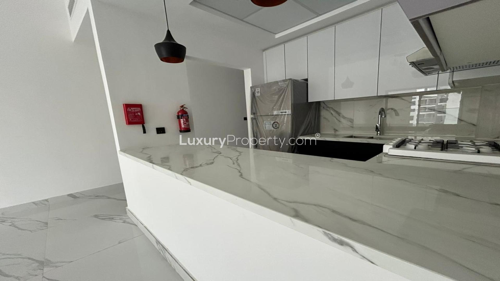 "Modern kitchen with marble countertops in 2-bedroom apartment for sale, Gardenia Livings, Arjan.","Modern kitchen with marble countertops in Arjan apartment, Gardenia Livings, for sale.",Brand new apartment kitchen in Gardenia Livings, Arjan with modern design and marble flooring