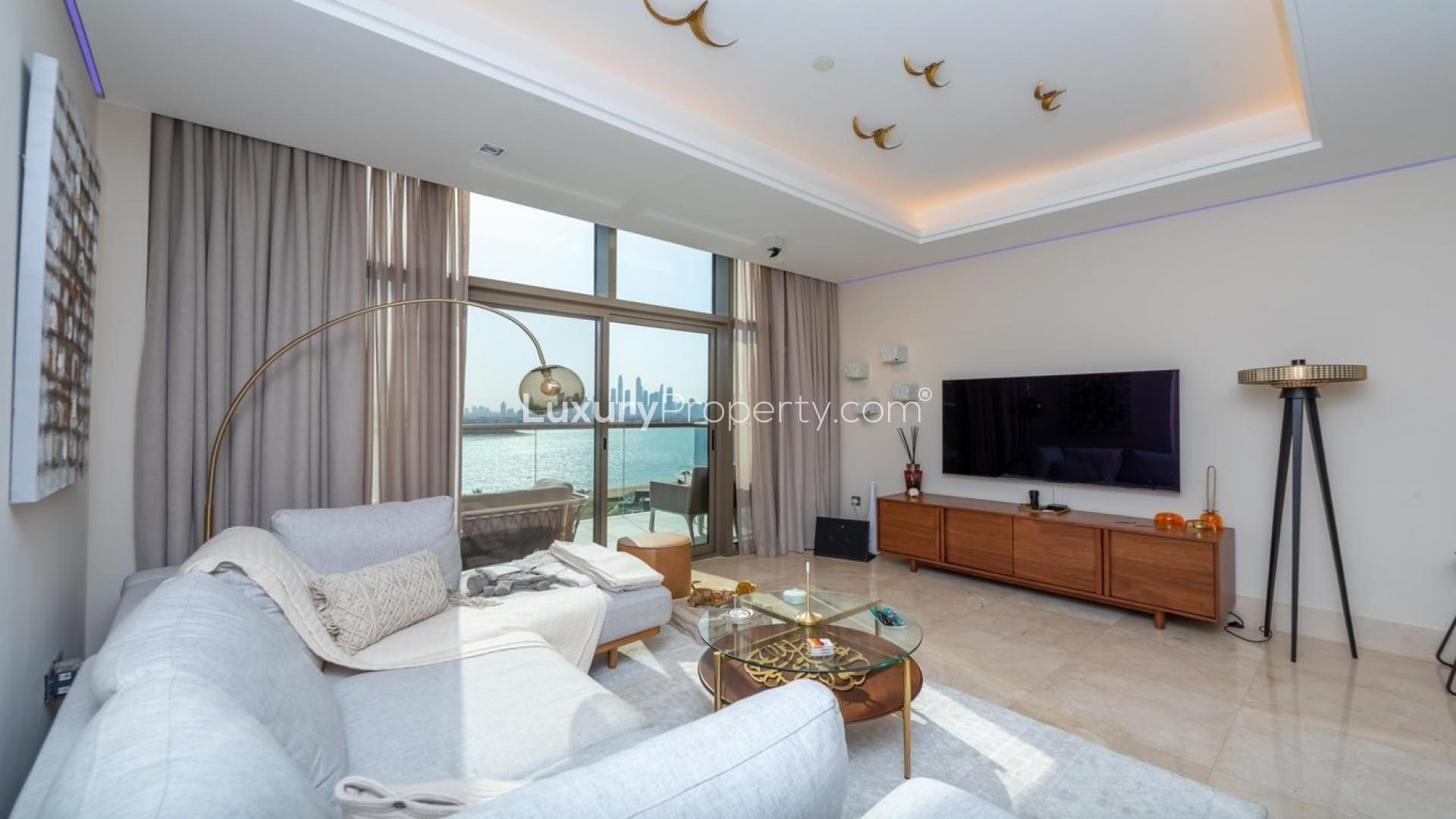 Luxury open-plan living room in Palm Jumeirah apartment, modern decor, bright and spacious design