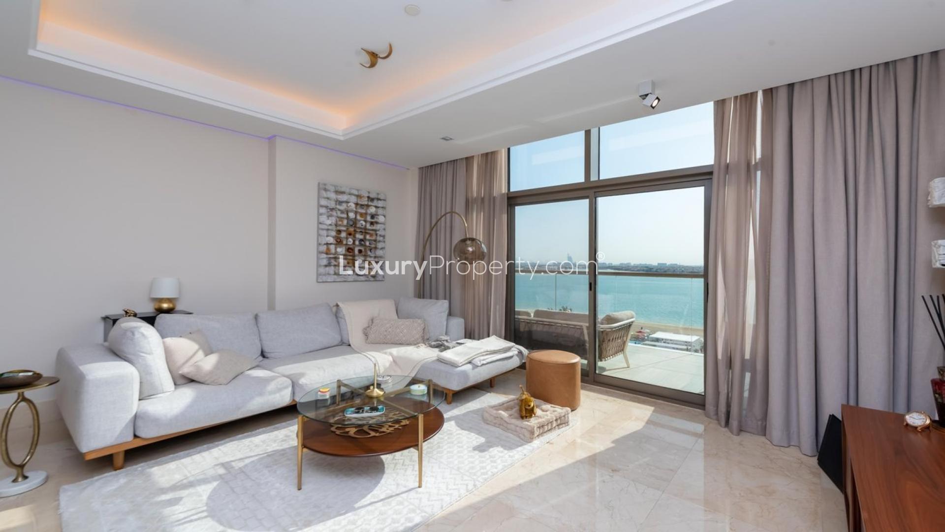 Stunning sea view from luxury Palm Jumeirah apartment, overlooking beach and city skyline