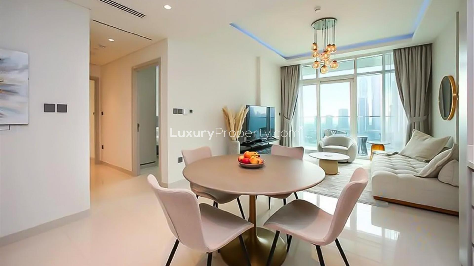 Luxurious living room in 2-bedroom apartment, Emaar Beachfront, Dubai Harbour, with modern decor
