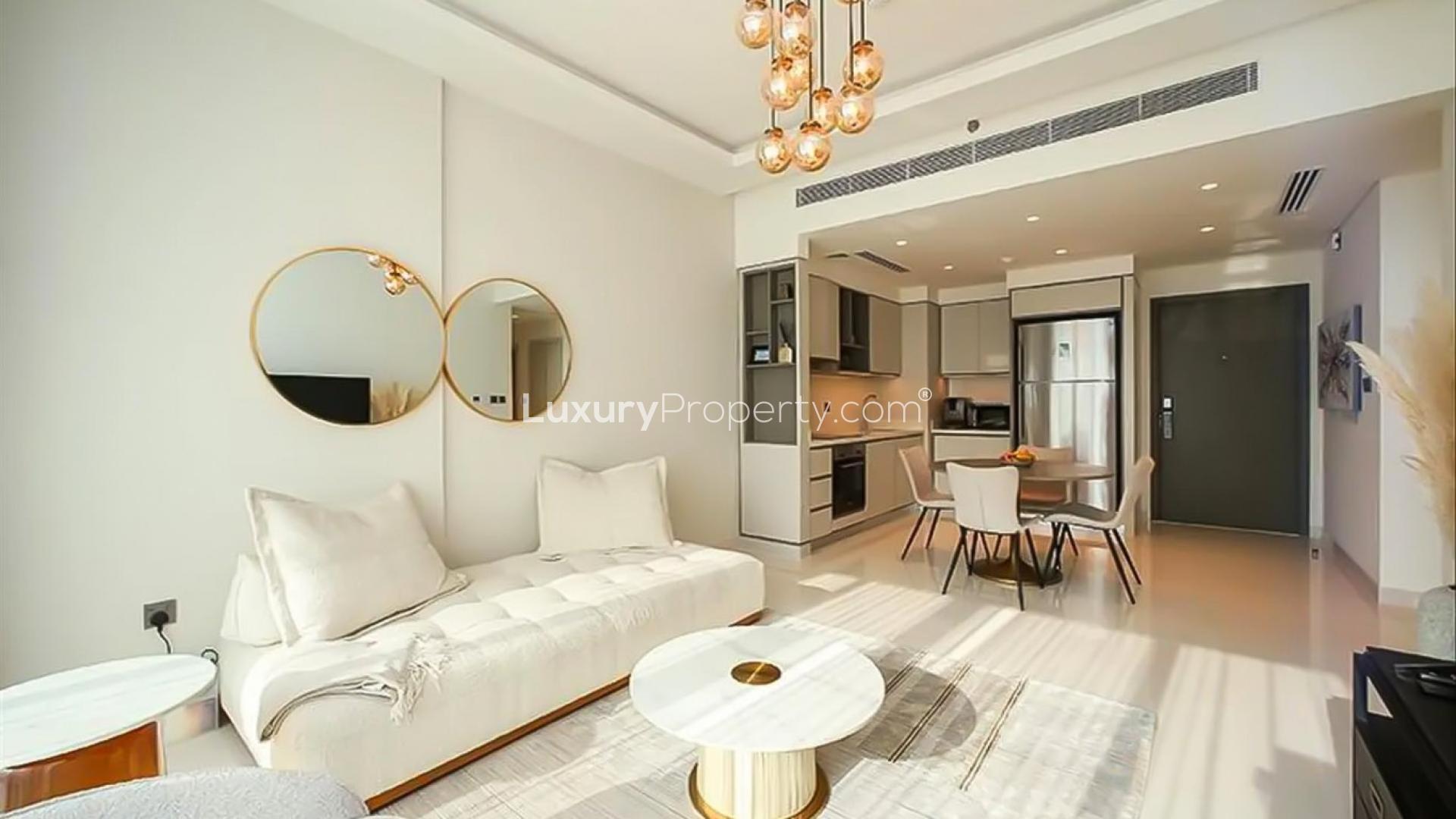 Luxurious apartment view of Dubai Harbour skyline and marina at Emaar Beachfront