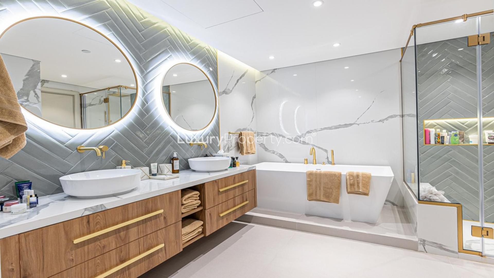 Luxurious terrace in high-floor Palm Jumeirah apartment, featuring stylish outdoor seating and greenery