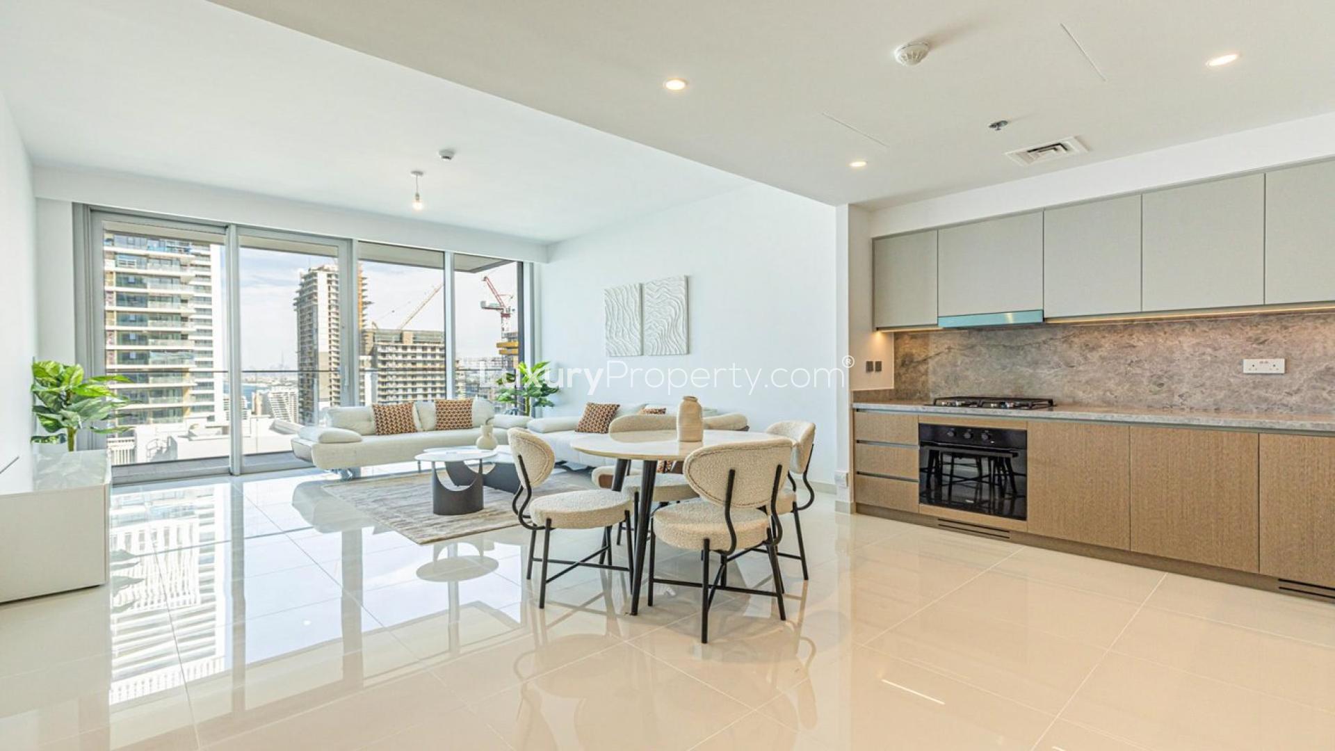 Aerial view of Emaar Beachfront luxury apartment with stunning Dubai Harbour skyline