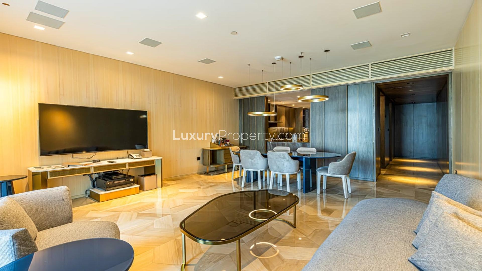 Luxury living room in FIVE Palm Jumeirah apartment, featuring sea views and modern furnishings