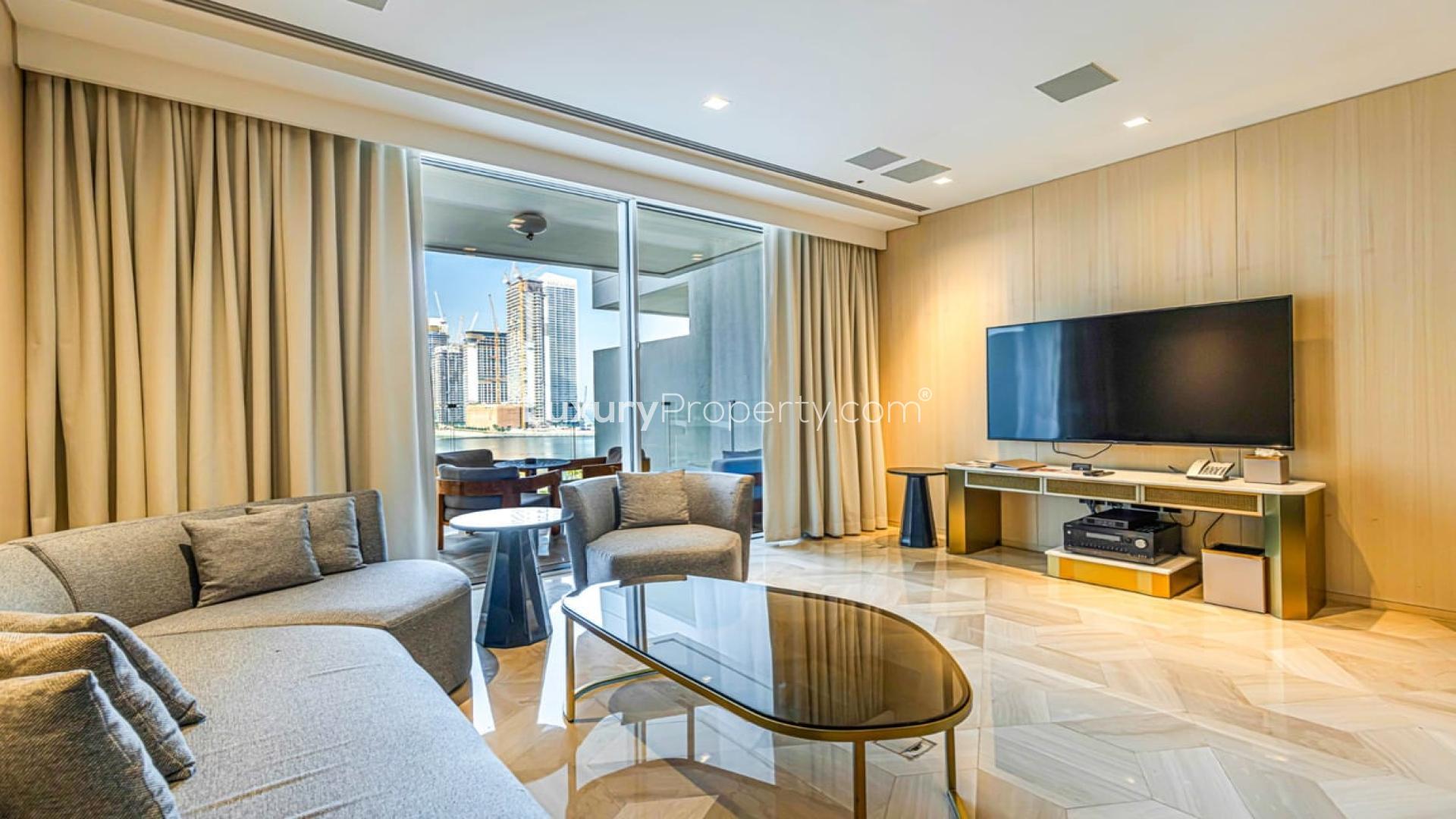 Luxury apartment sea view from FIVE Palm Jumeirah, overlooking marina and skyline