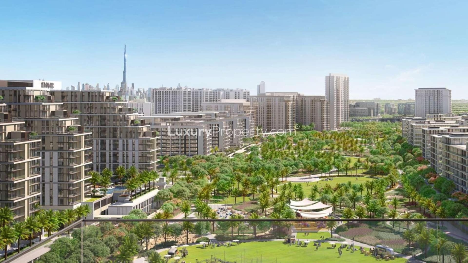 Outdoor area with playground and greenery at Dubai Hills Estate apartment for sale