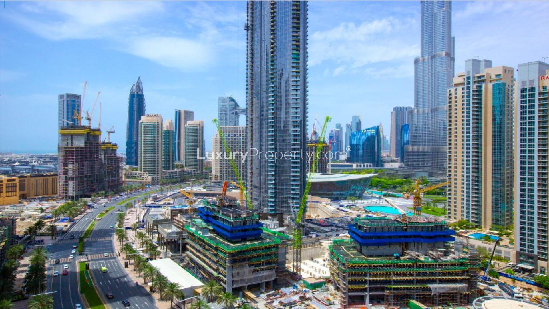 Balcony view from 2-bedroom apartment in BLVD Crescent, Downtown Dubai, showcasing city skyline
