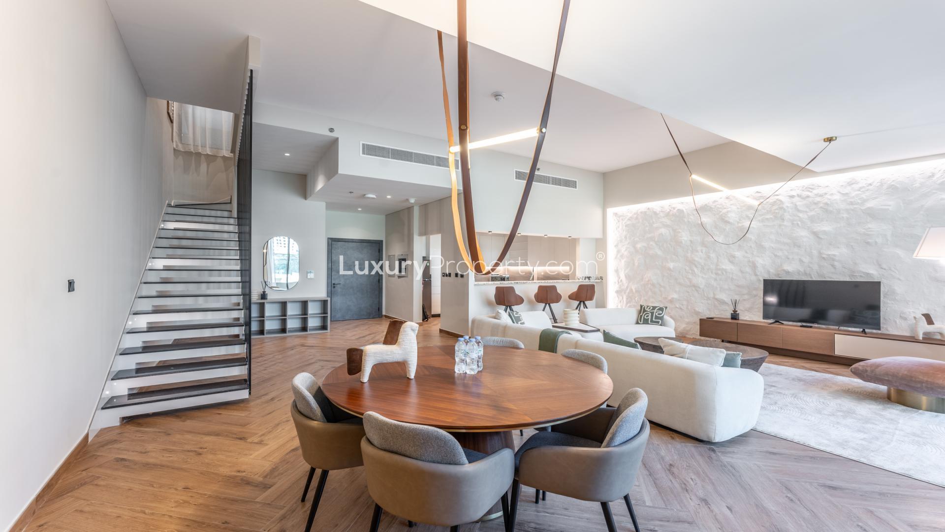 Furnished apartment living room with marina view, Dubai Marina Moon, available for rent