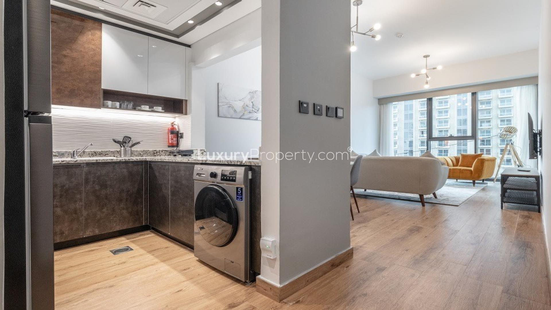 Furnished living room with marina view in Dubai Marina Moon apartment for rent