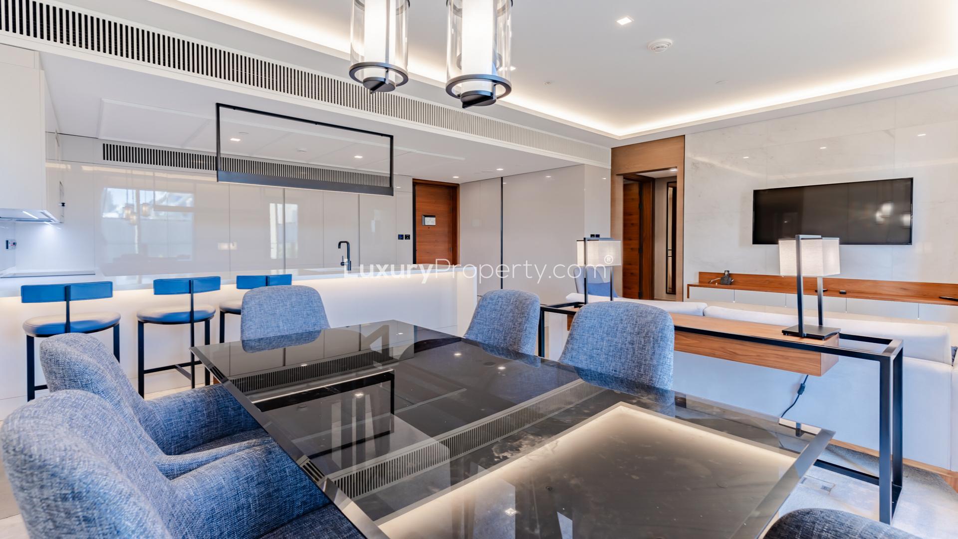 Modern open-plan kitchen and living area in luxury Bluewaters apartment, Dubai
