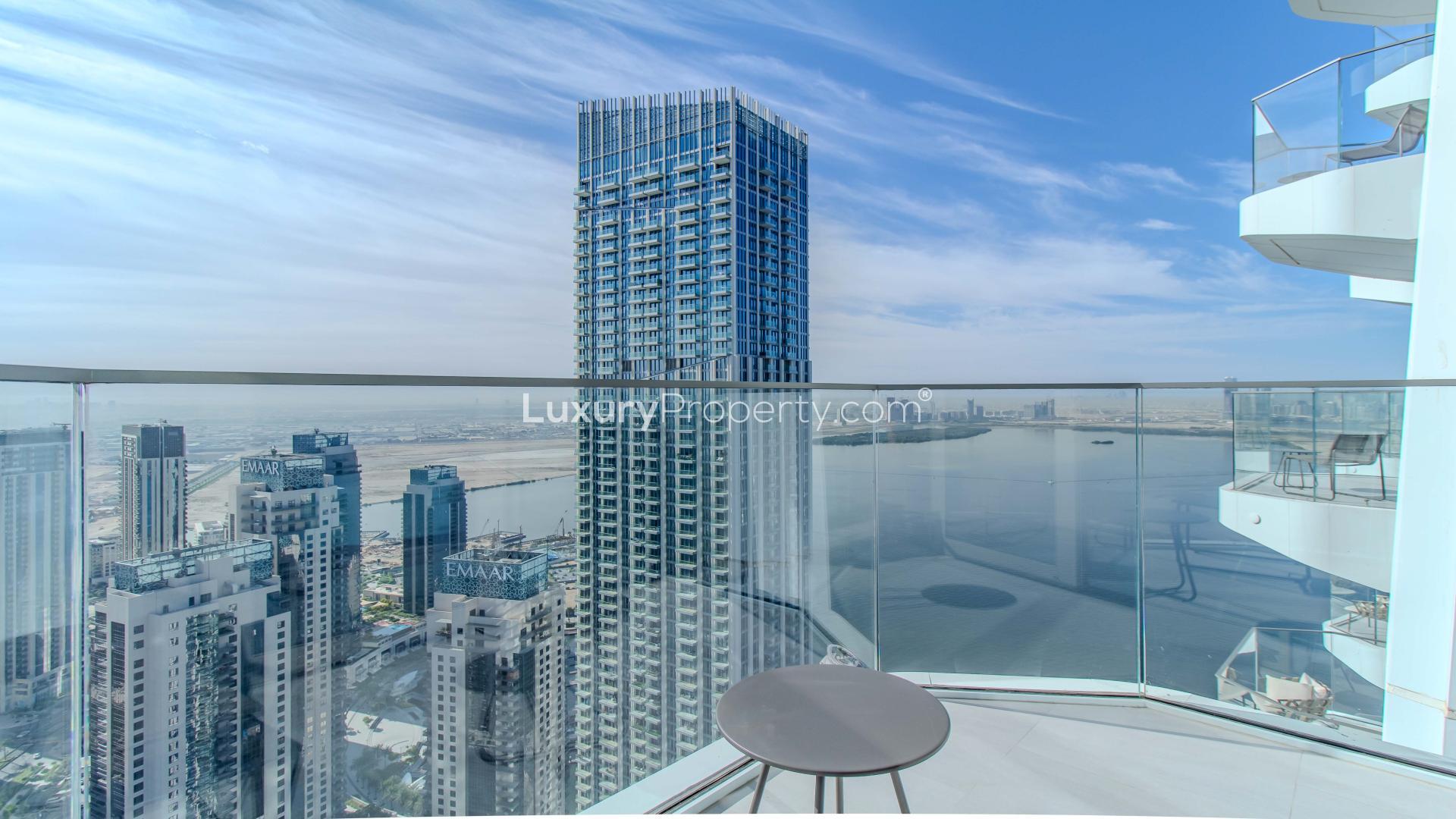 "Stunning Dubai Creek Harbour view from Address Harbour Point Tower 1 apartment balcony.",Modern kitchen in Address Harbour Point Tower 1, Dubai Creek Harbour apartment for rent