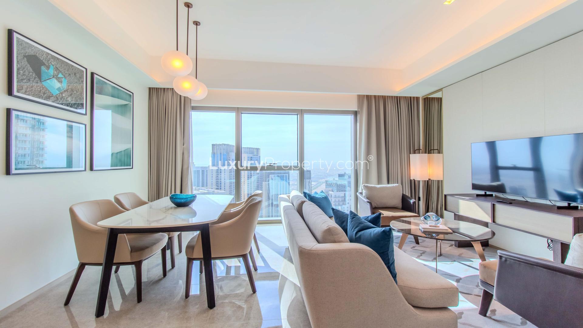 "Stunning view from Address Harbour Point Tower 1 apartment, Dubai Creek Harbour skyline.",Modern living room in 2-bed apartment, Address Harbour Point Tower 1, Dubai Creek Harbour
