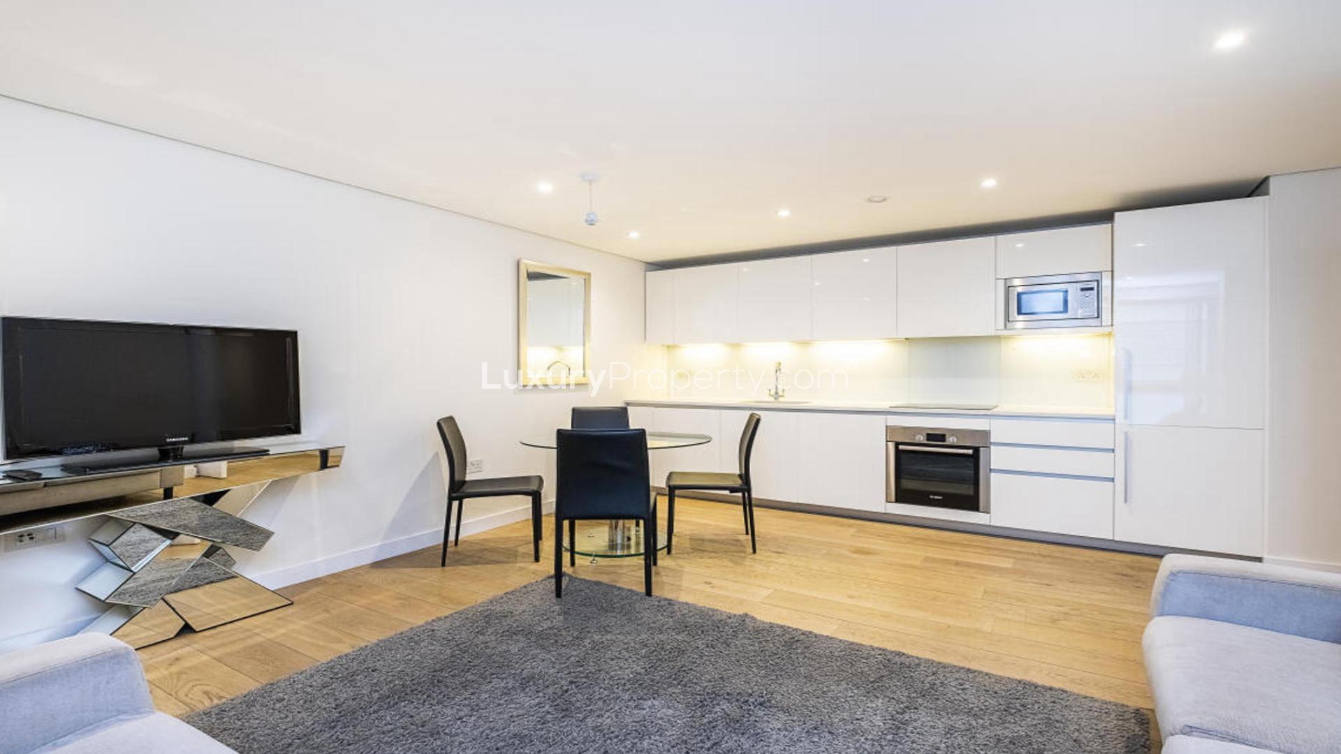 Modern living room and kitchen in two-bedroom apartment, 4 Merchant Square, London