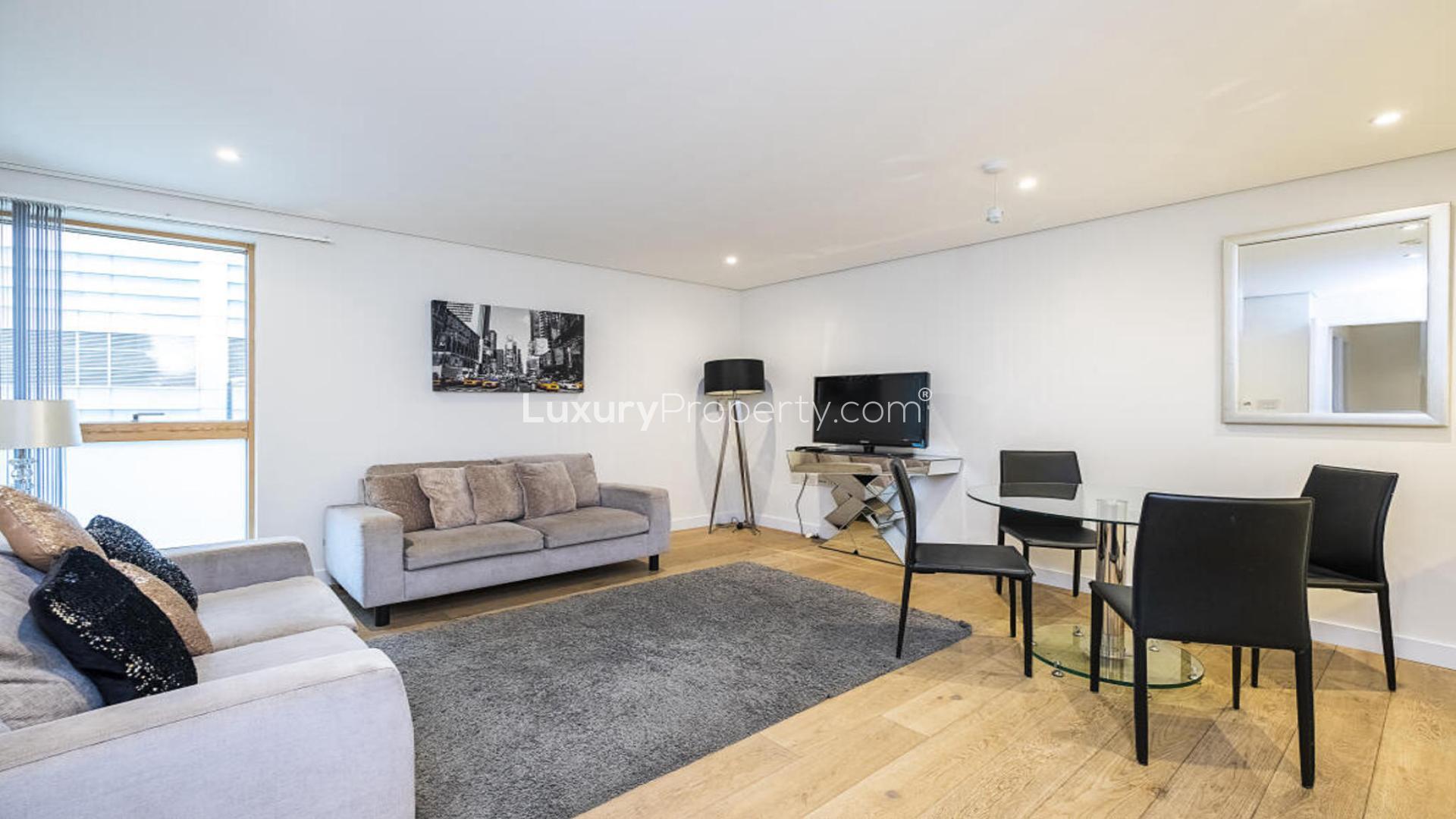 Modern kitchen and living area in two-bedroom apartment, 4 Merchant Square, London