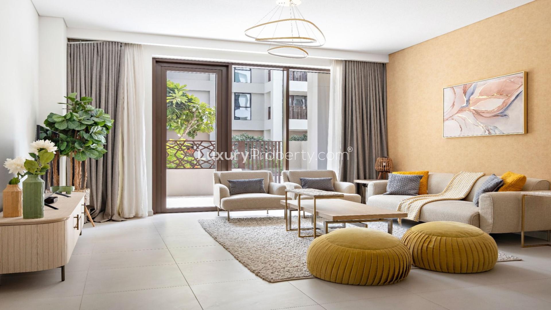 Modern bedroom in Creek Beach apartment, Dubai Creek Harbour, featuring stylish decor and cozy bed