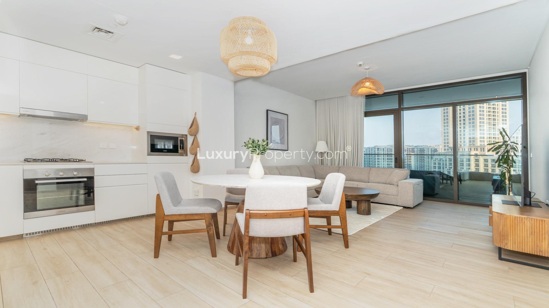 Modern kitchen in Dubai Creek Harbour apartment for rent at Palace Residences, LP46561