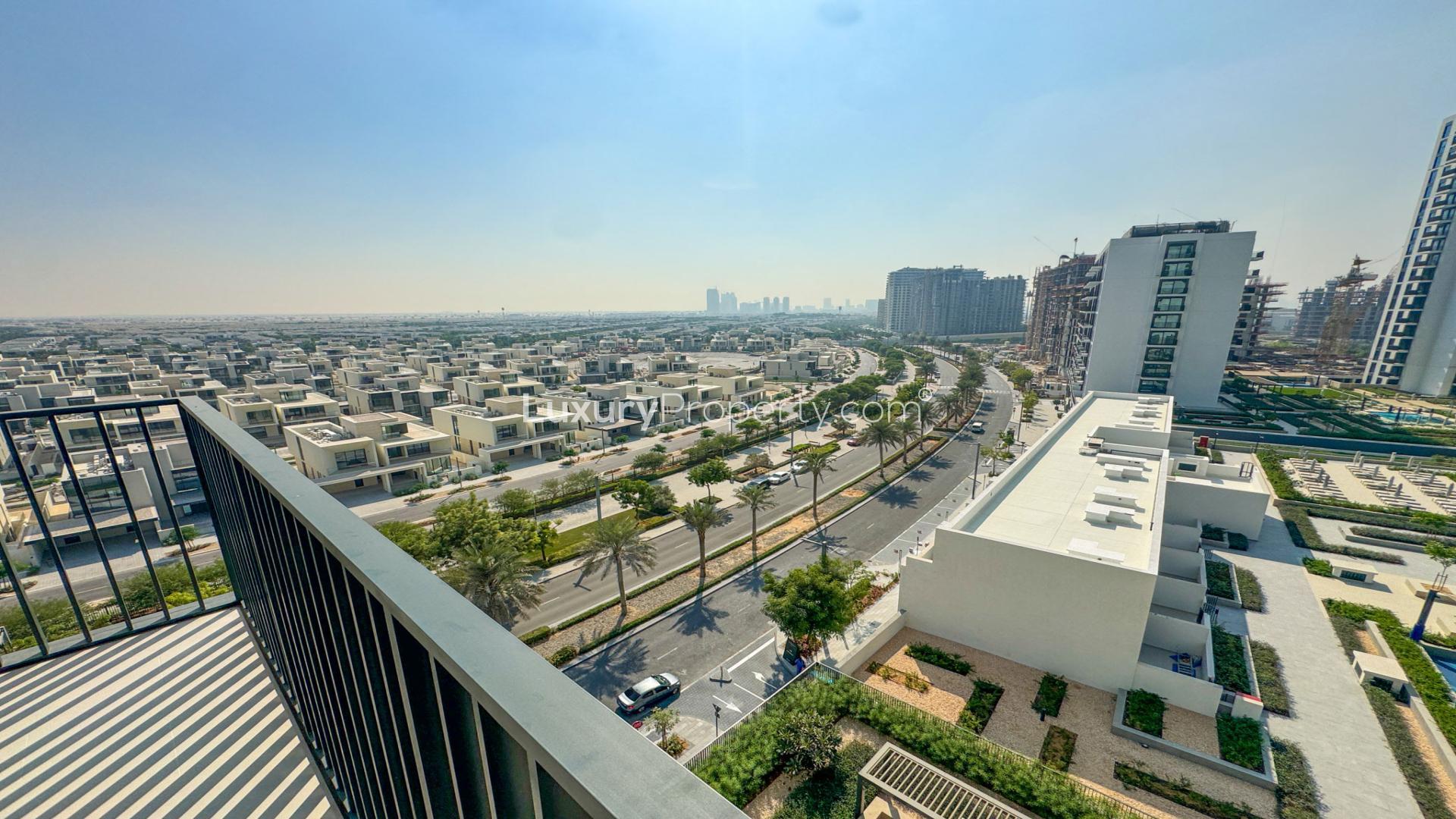 Balcony view of Dubai Hills Estate from Park Field Tower 1 apartment for rent