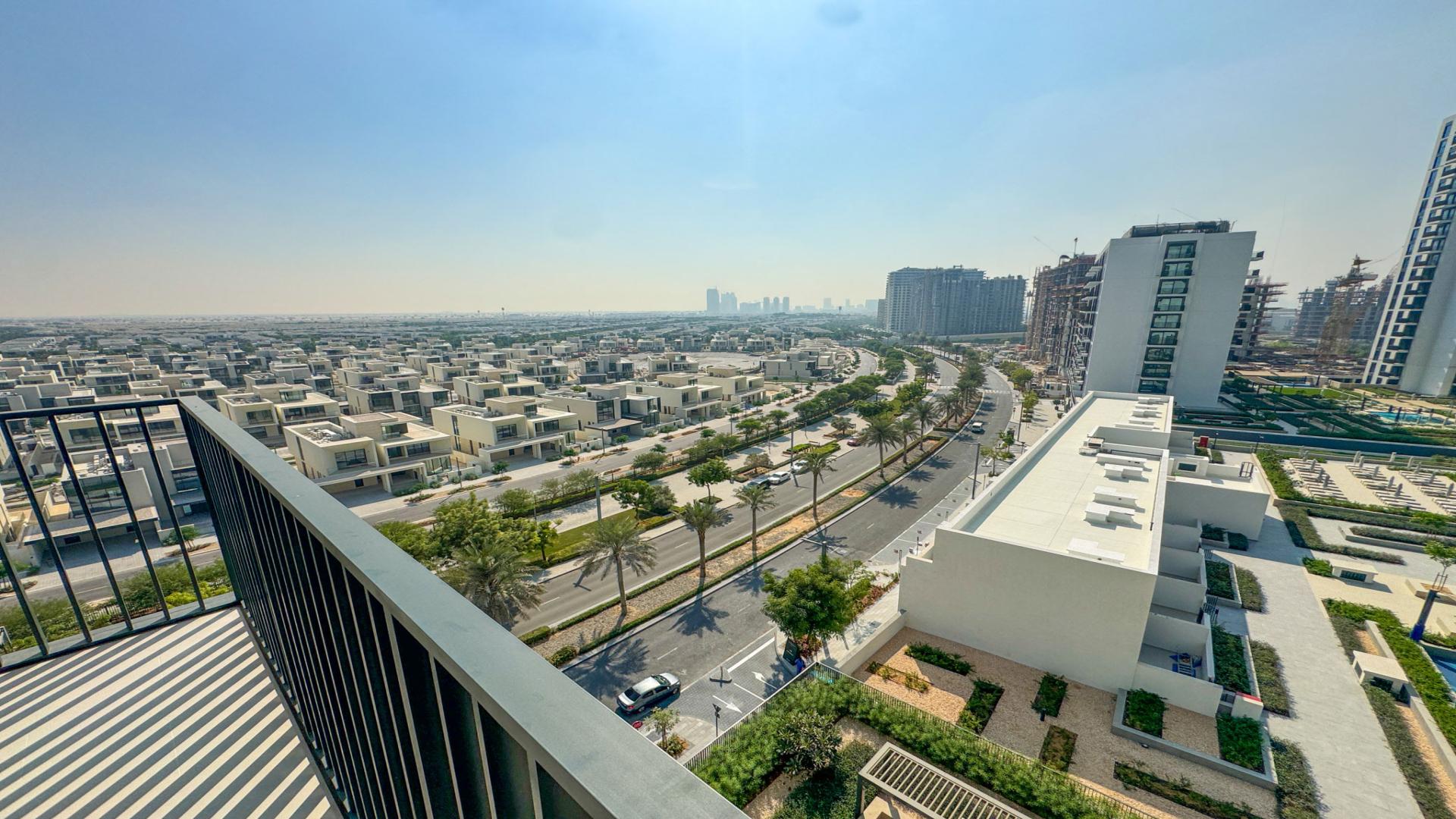 Balcony view of Dubai Hills Estate from Park Field Tower 1 apartment for rent