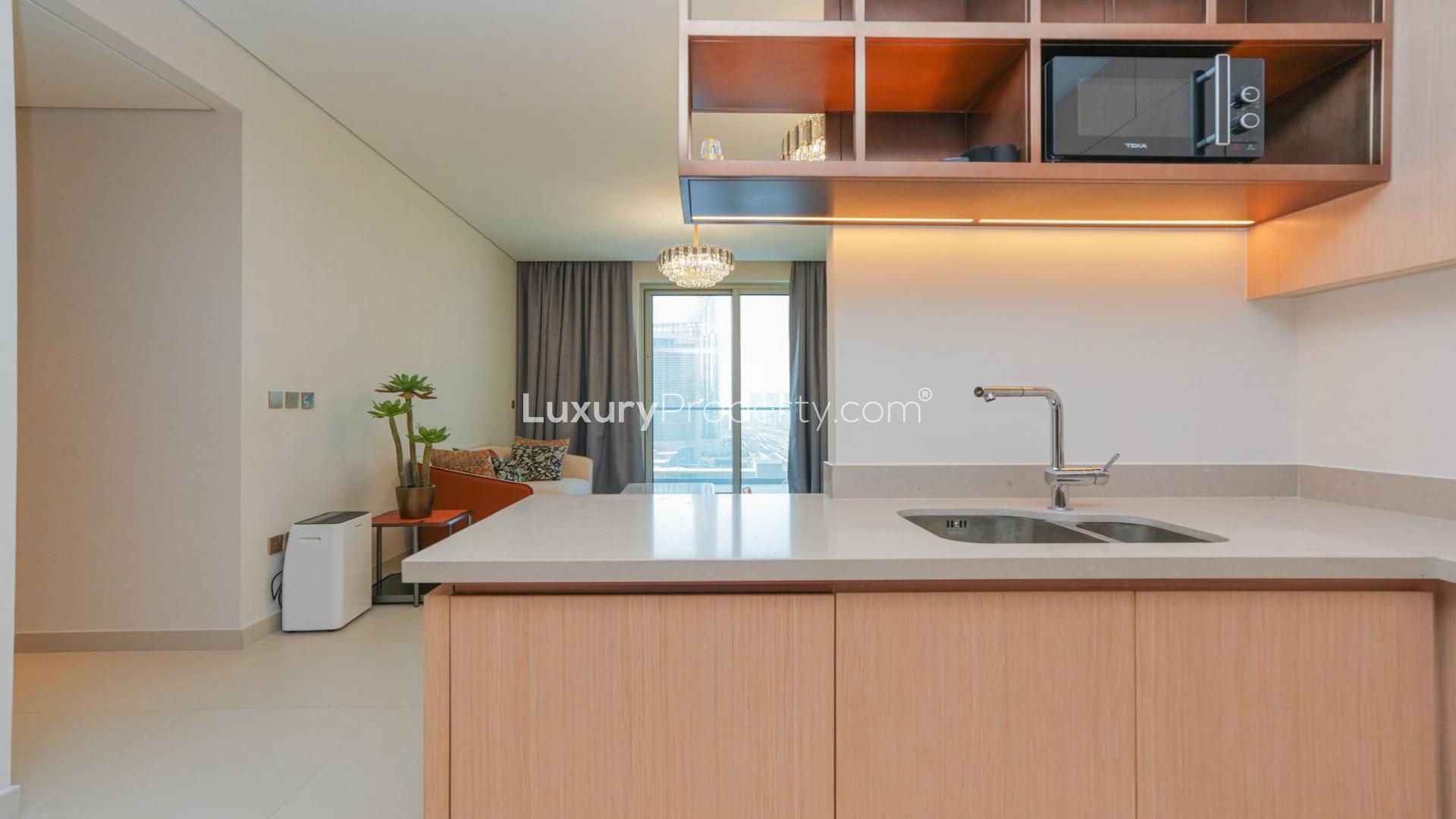 Modern bathroom in two-bedroom apartment, The Opus, Burj Khalifa community, available for rent