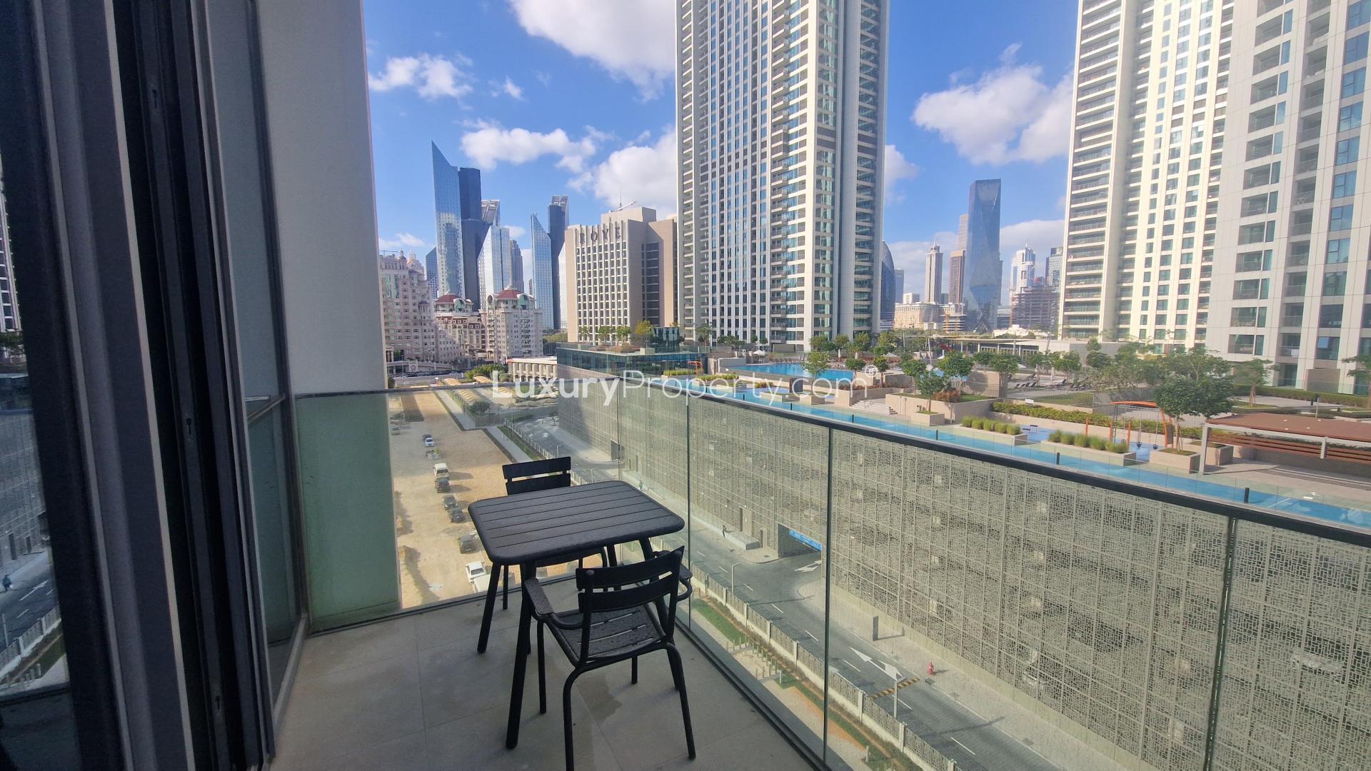 Modern living room in Downtown Views apartment with large windows and stylish furniture, LP47813