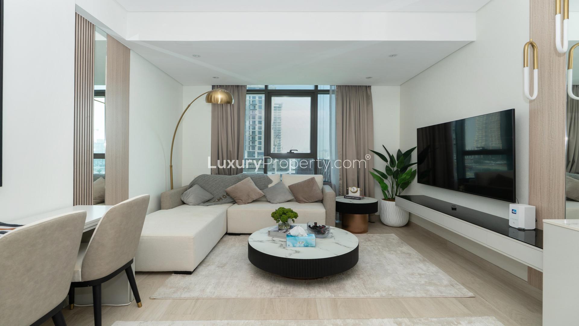 Furnished living area in 2BR apartment, Fawad Azizi Residences, Al Jaddaf, modern decor