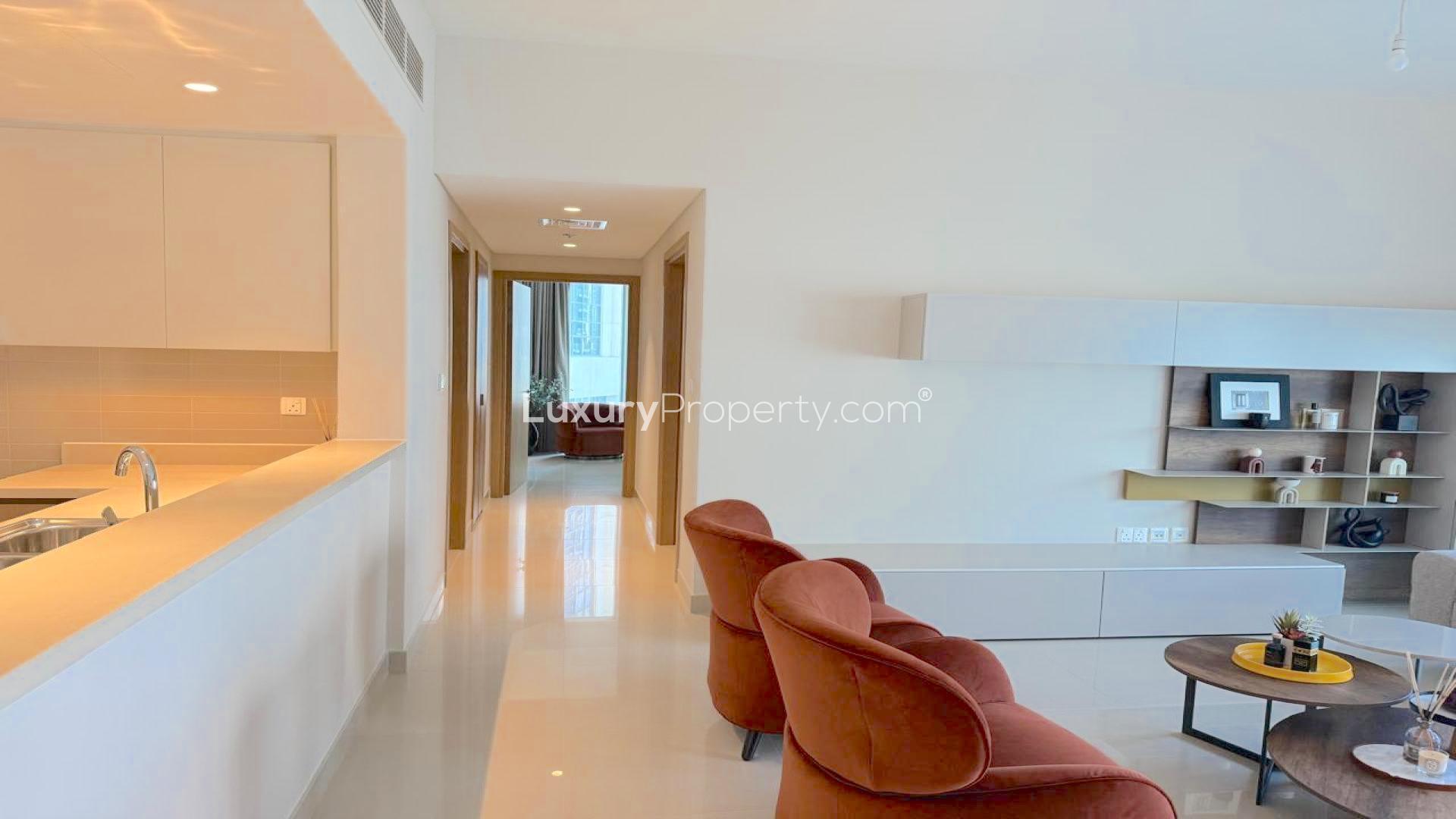 Modern living room in two-bedroom apartment, Harbour Views T1, Dubai Creek Harbour