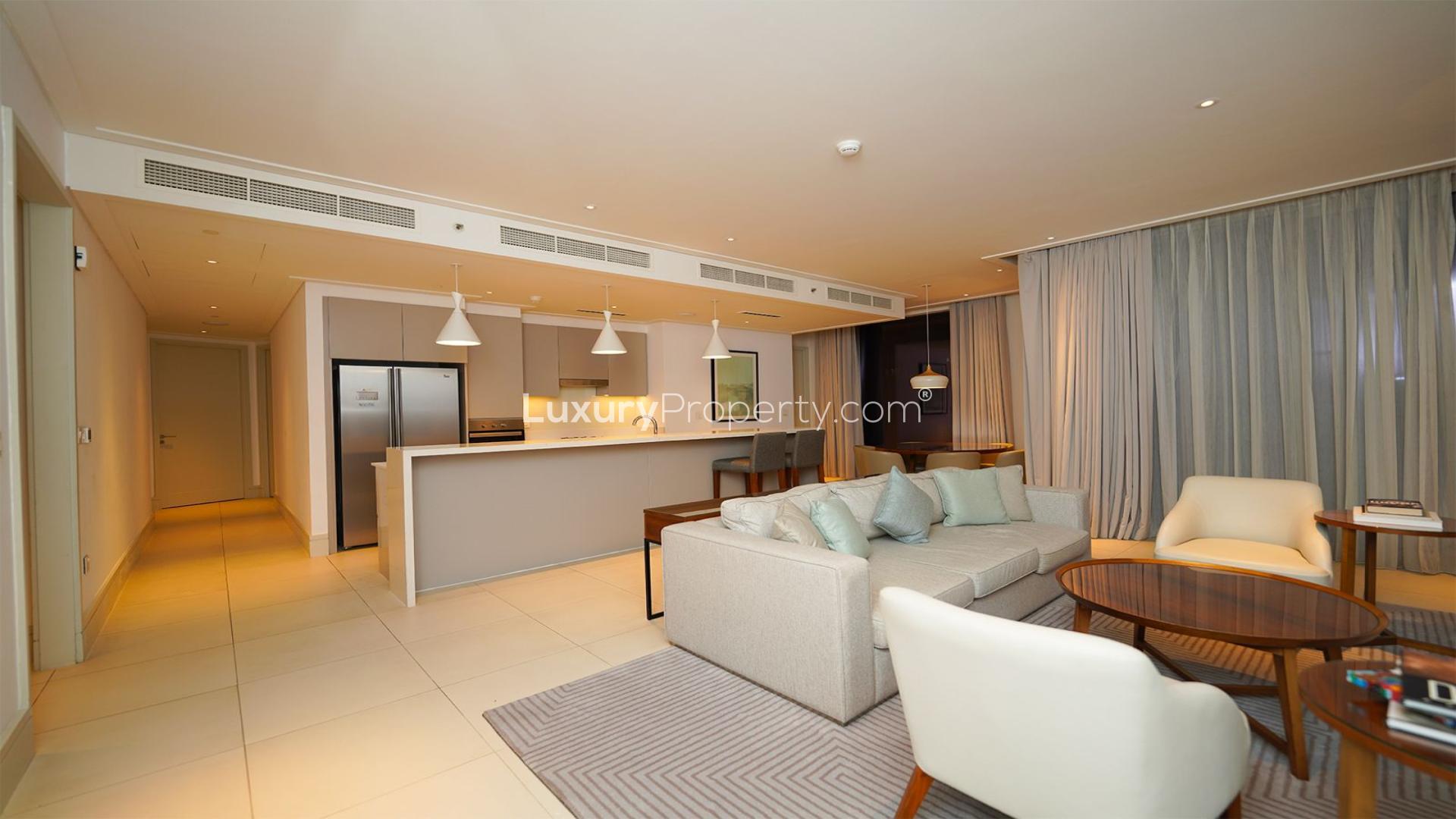 Modern living room in Vida Downtown Residence, Dubai apartment, featuring chic furniture and decor