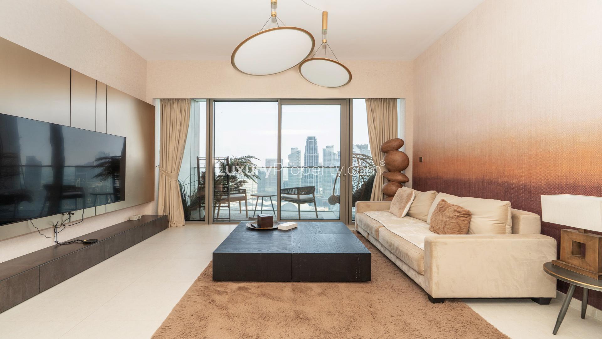 Balcony view from Grande Signature Residences, Downtown Dubai, overlooking city skyline and fountain