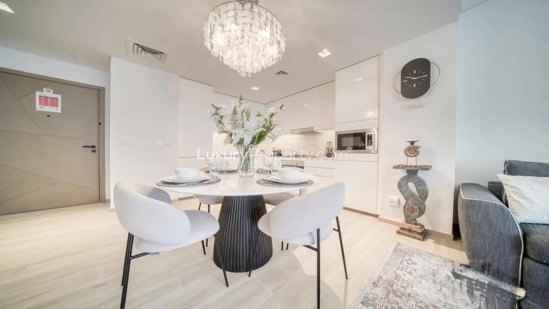 High-floor apartment living room with premium furniture in Dubai Creek Harbour for rent