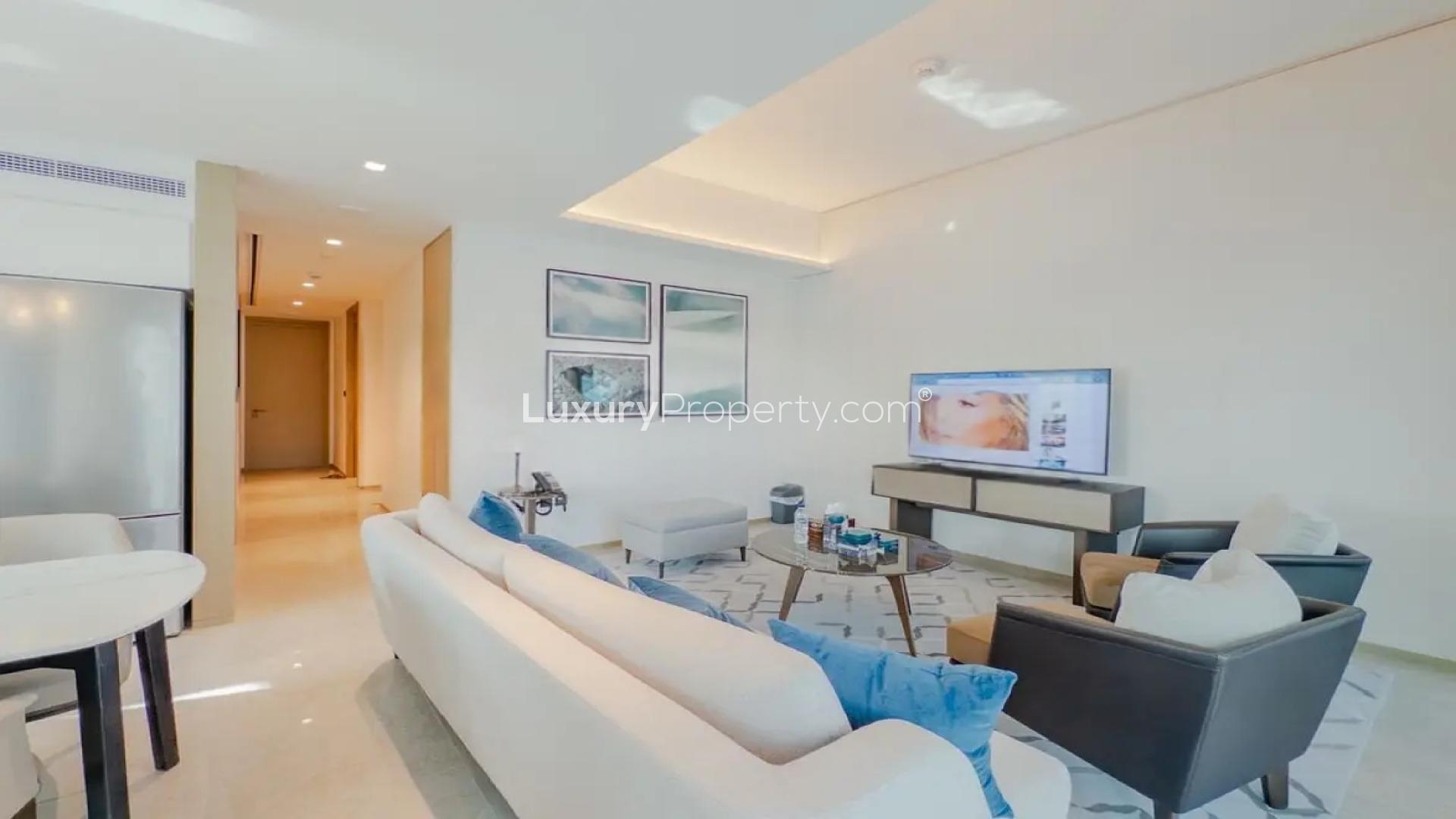 Mid-floor luxury apartment bedroom with desk, Dubai Creek Harbour, Address Harbour Point Tower 1