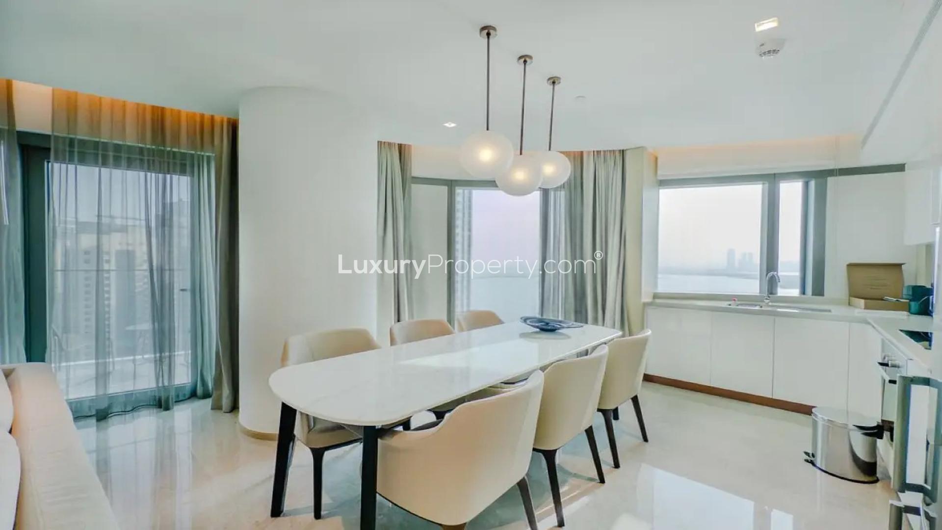 Luxurious living room in Dubai Creek Harbour apartment, mid floor, modern decor, natural light