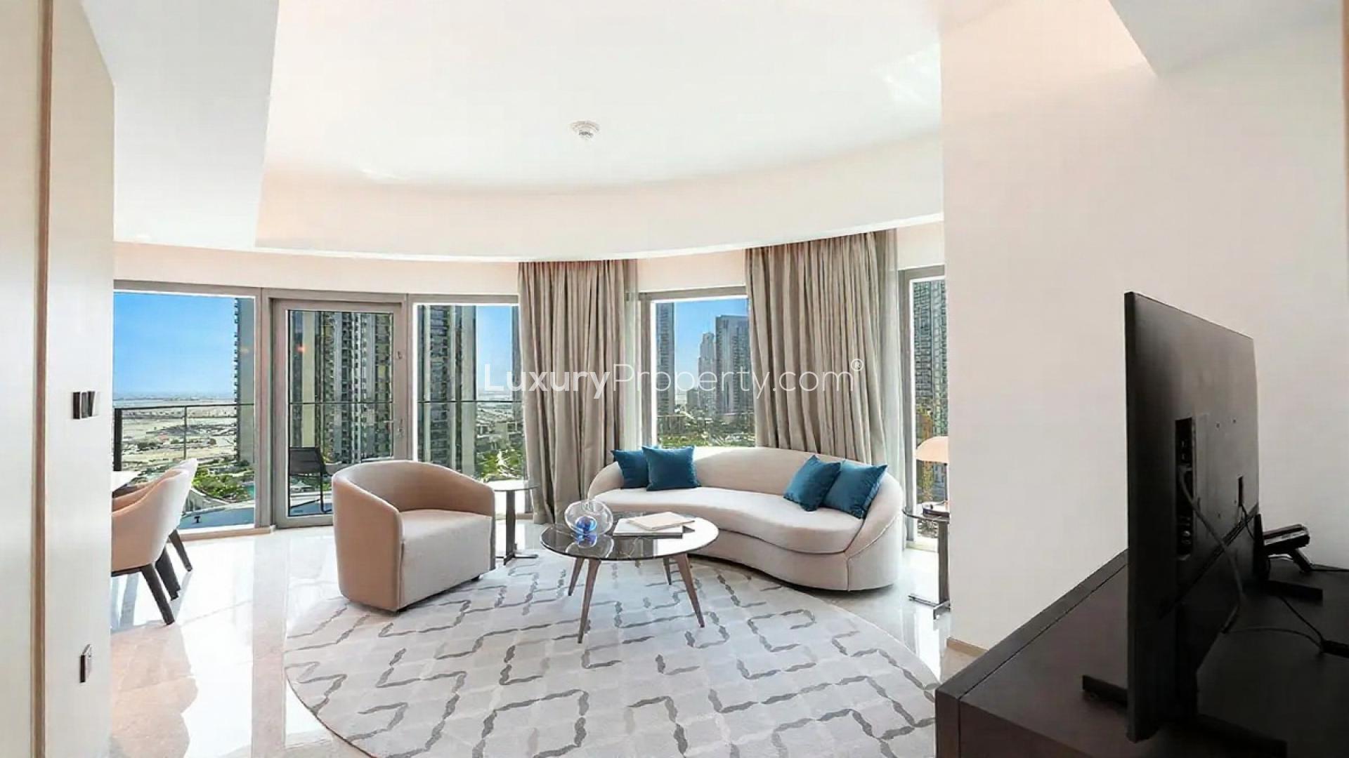 Furnished apartment interior with balcony view at Address Harbour Point, Dubai Creek Harbour