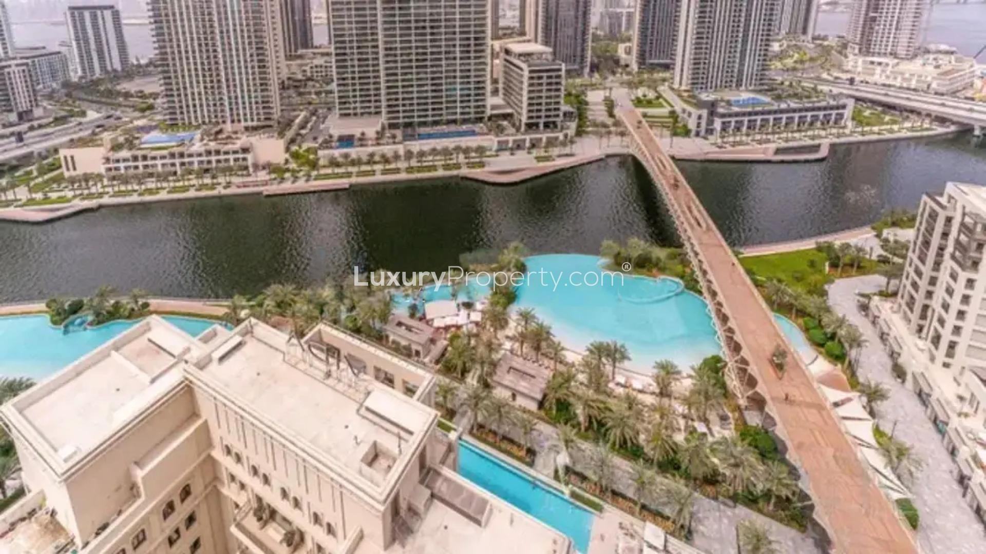 Mid-floor apartment living area with modern furniture in Vida Creek Harbour, Dubai Creek Beach