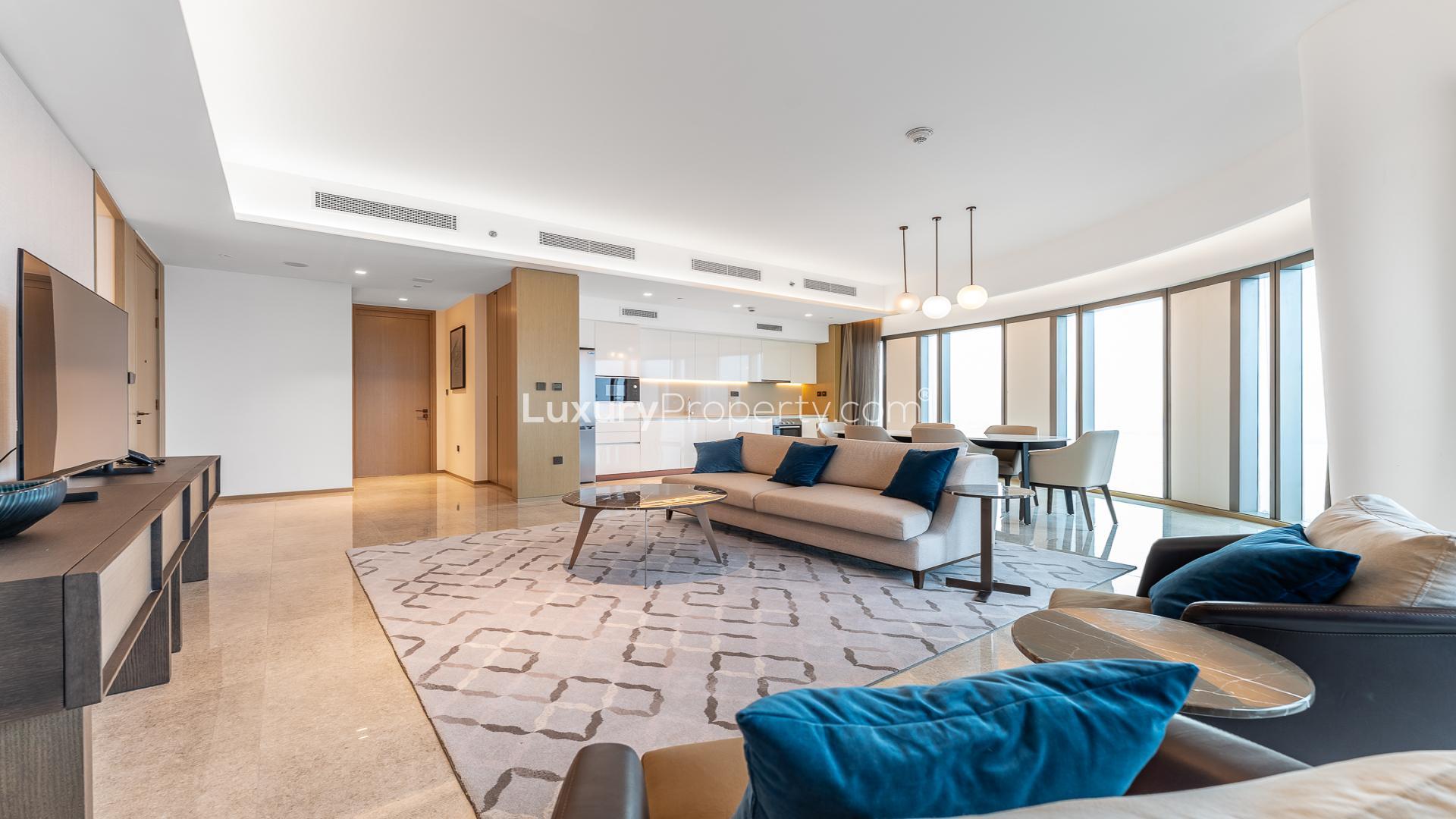 Modern open-plan living area in Address Harbour Point Tower 1, Dubai Creek Harbour apartment