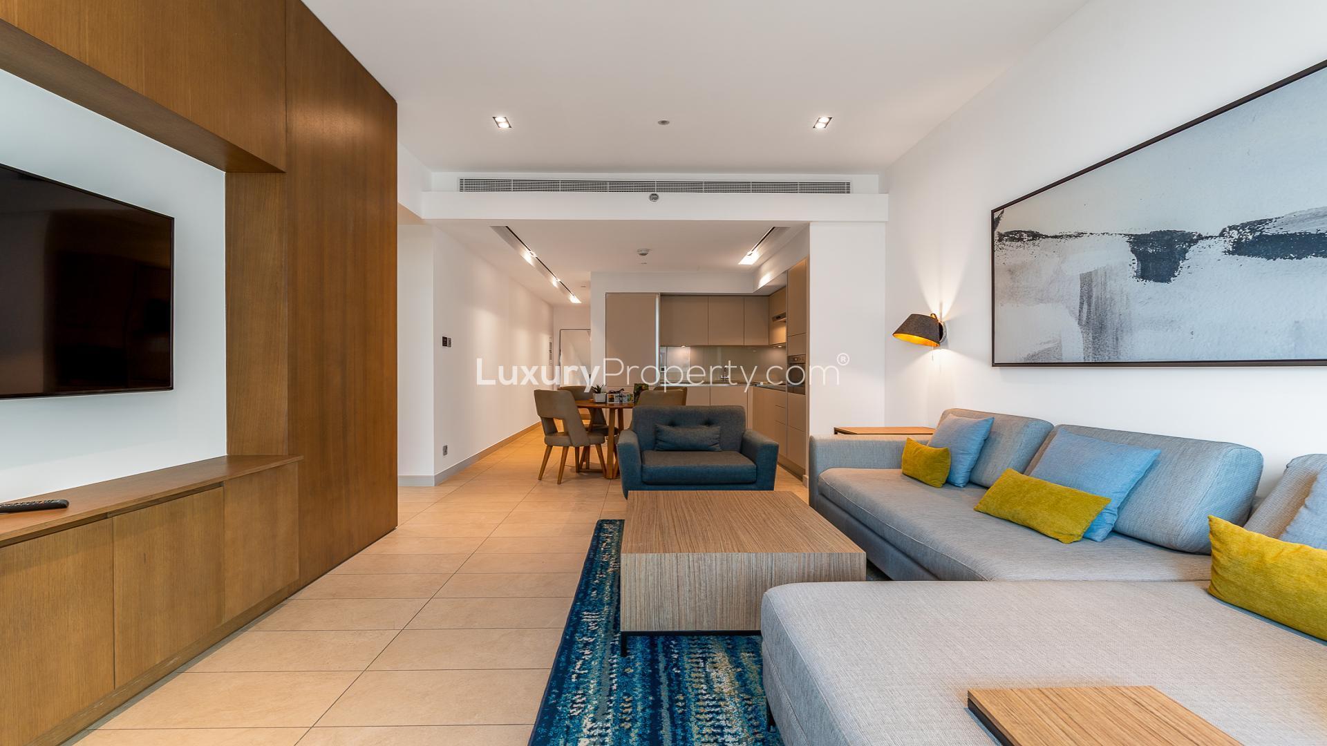 Modern living room in two-bedroom apartment for rent, Adeba Azizi, Al Jadaf
