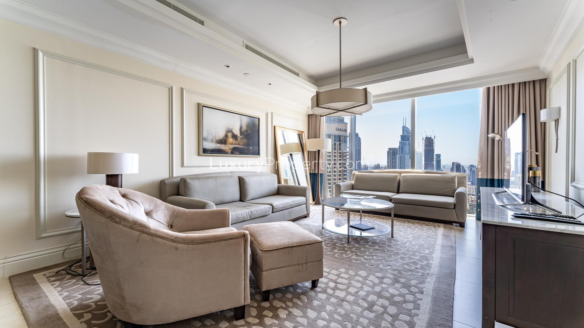 High-floor apartment view of Downtown Dubai skyline from The Address Boulevard balcony