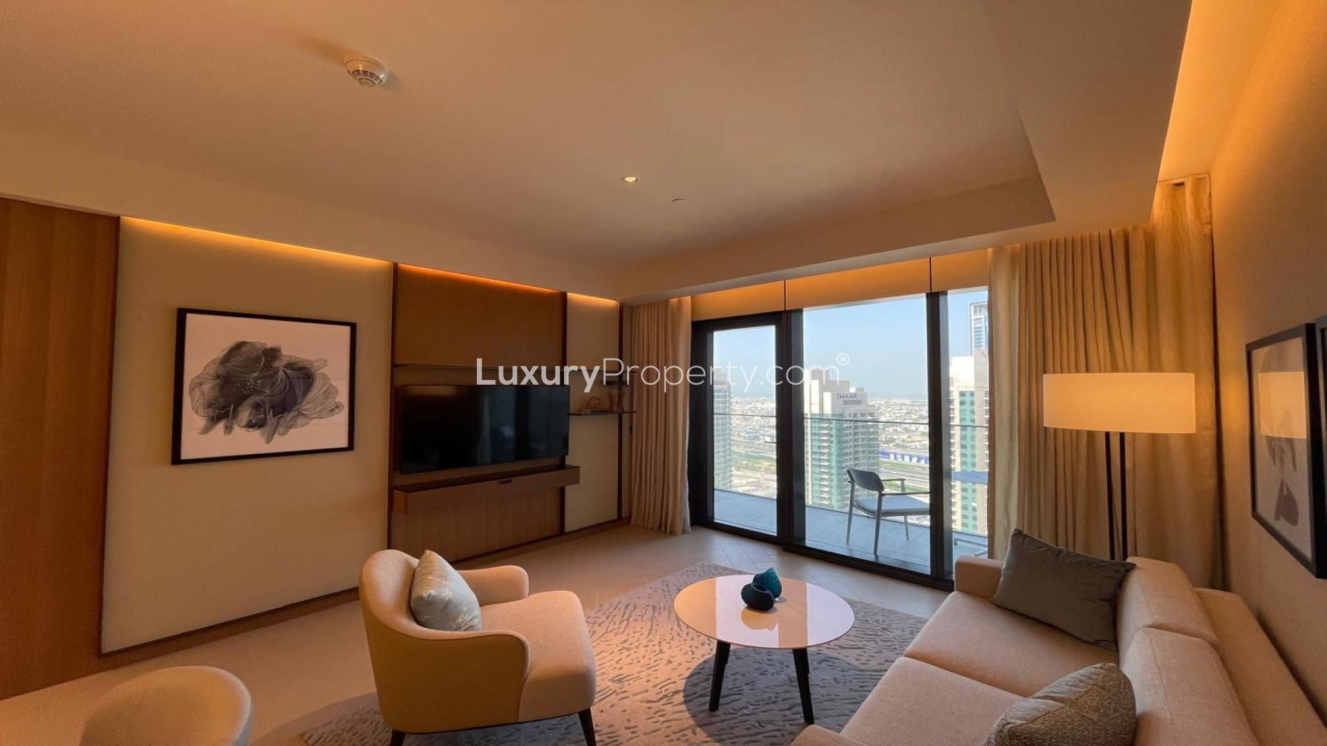 Modern living room in Burj Khalifa apartment, The Address Residences Dubai Opera, for rent