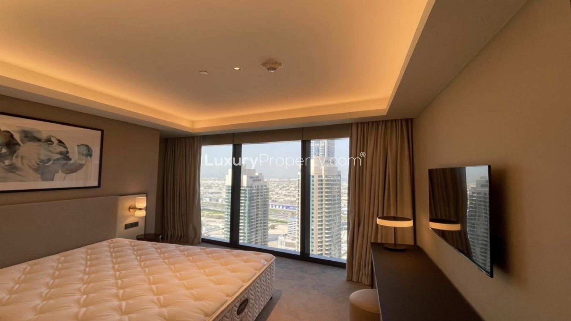 High-floor luxury apartment bedroom with city view in Address Opera Downtown, Dubai