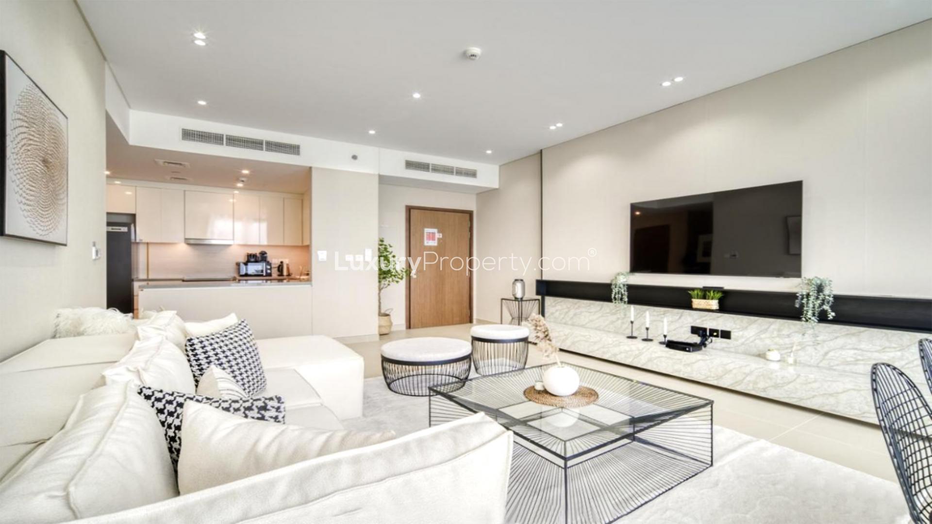 Chic furnished apartment living room with sea views in Dubai Marina, 5242 community